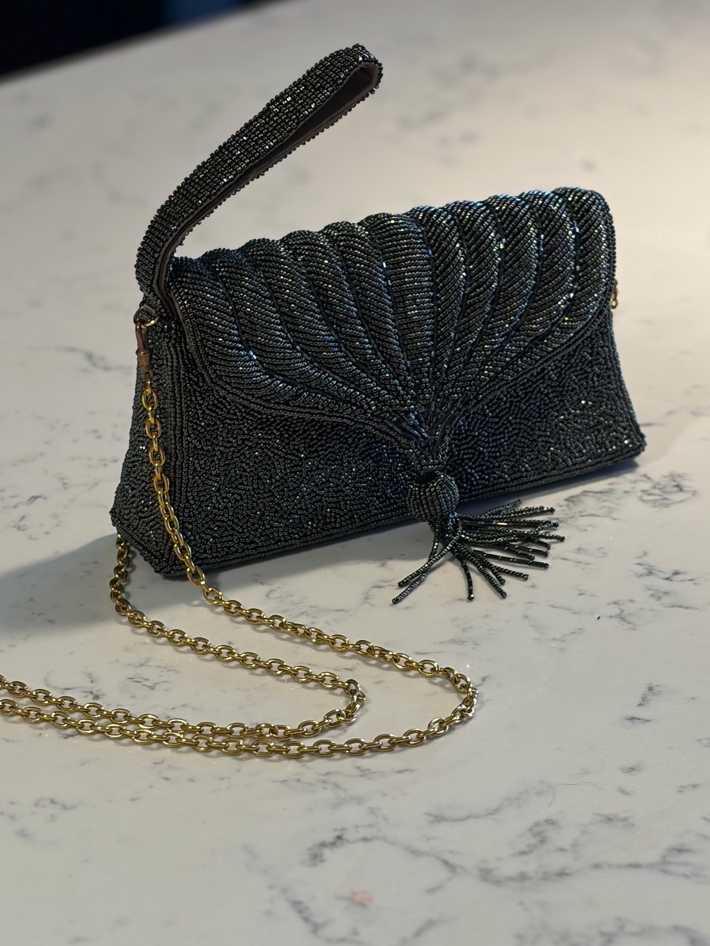 Beaded Black Evening Wristlet / Clutch with Gold Chain
